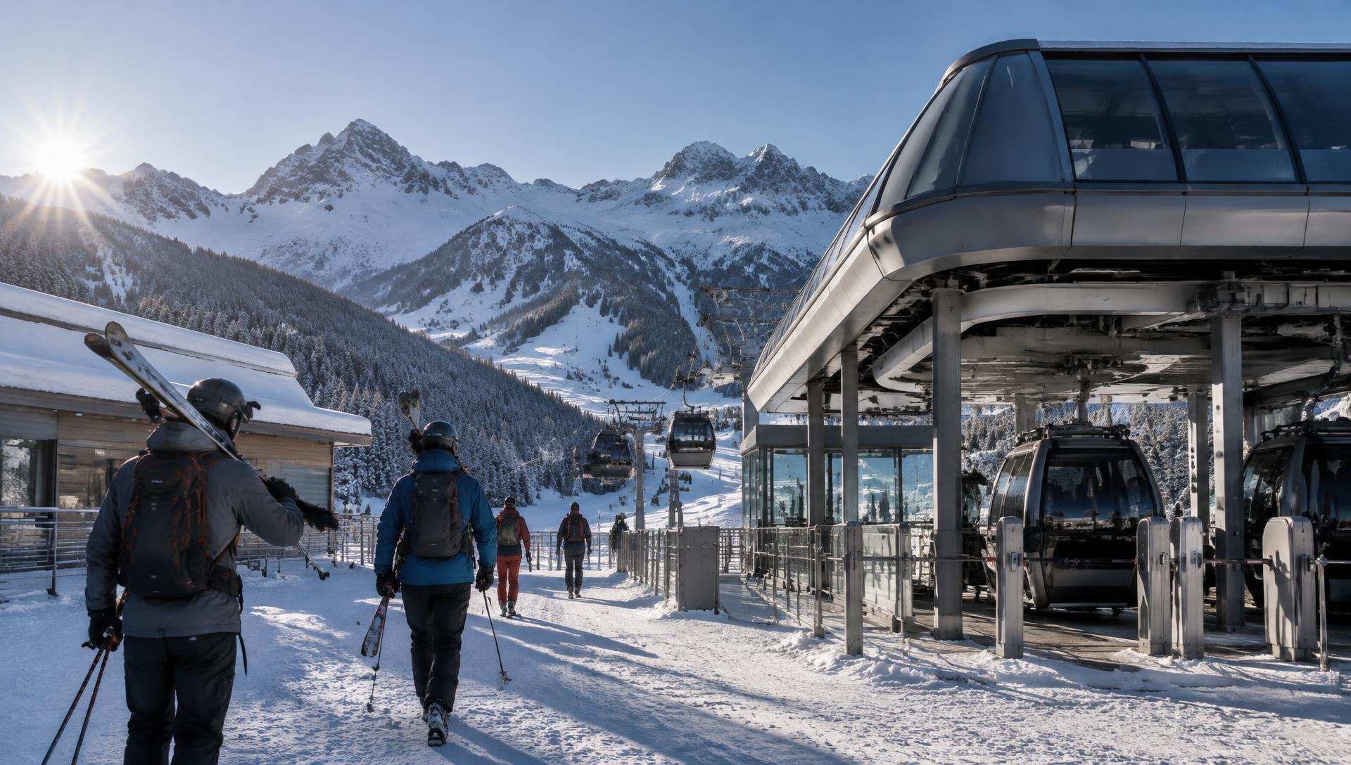Talstation Hochzillertal mit Gondeln und Skifahrern